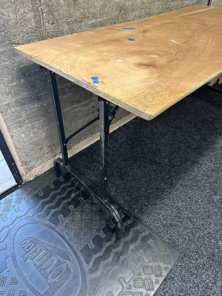 Vintage Plywood Top Trestle Table With Black Metal Folding Base. H75 W150 D67cm Image 1++