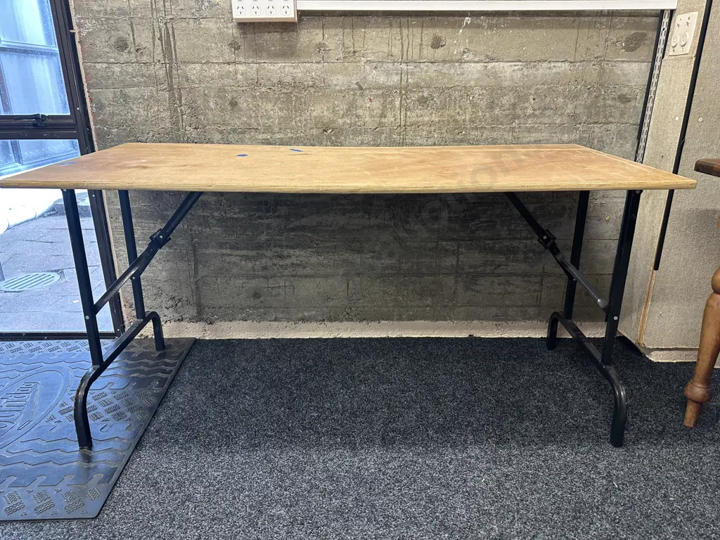 Vintage Plywood Top Trestle Table With Black Metal Folding Base. H75 W150 D67cm Image 1++
