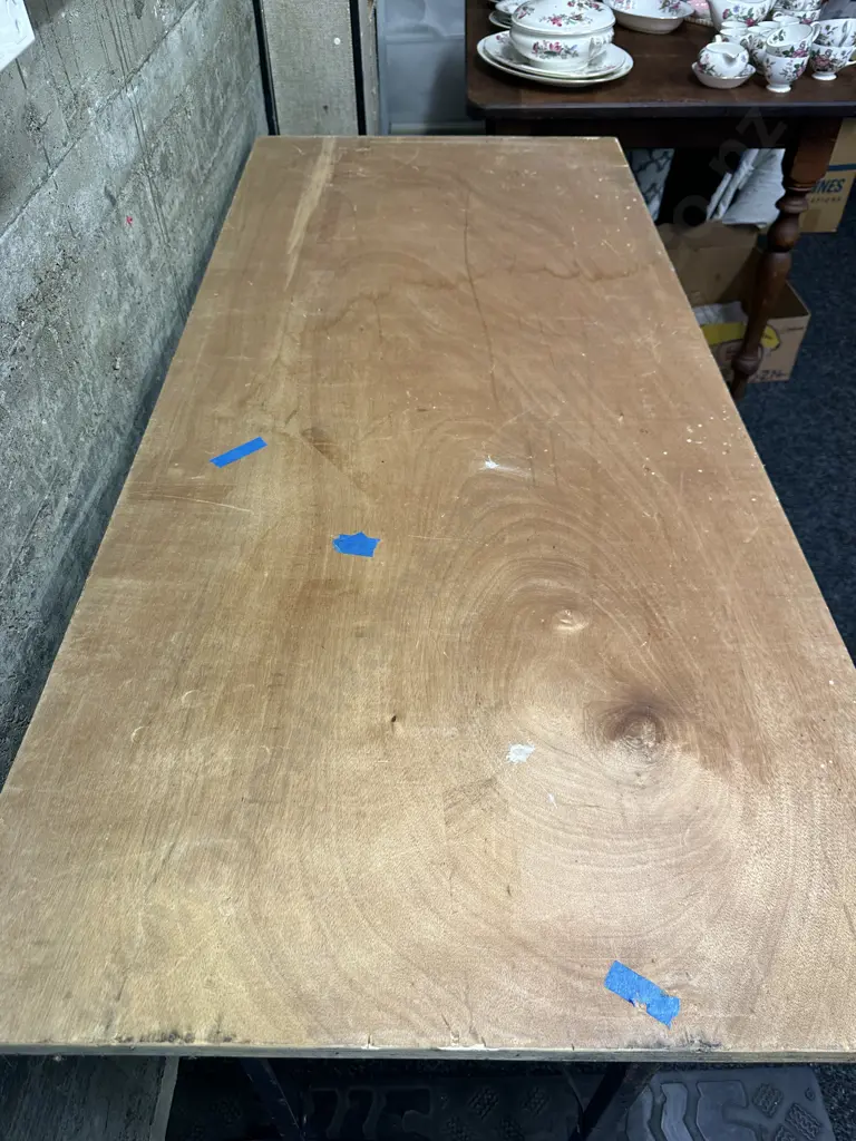 Vintage Plywood Top Trestle Table With Black Metal Folding Base. H75 W150 D67cm Image 1++