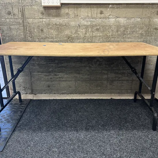 Vintage Plywood Top Trestle Table With Black Metal Folding Base. H75 W150 D67cm