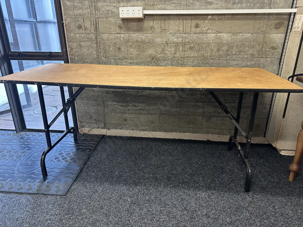 Vintage Plywood Top Trestle Table With Black Metal Folding Base. 180 x 67cm Image 1++