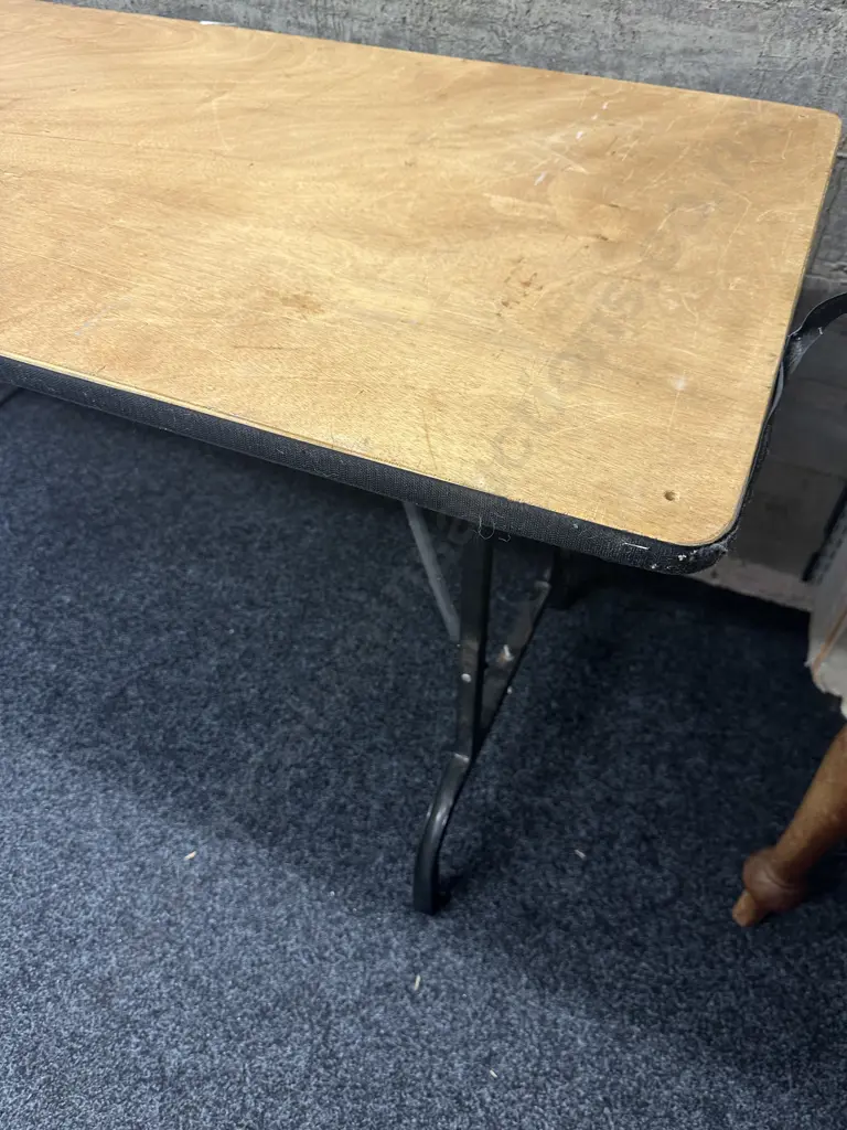 Vintage Plywood Top Trestle Table With Black Metal Folding Base. 180 x 67cm Image 1++