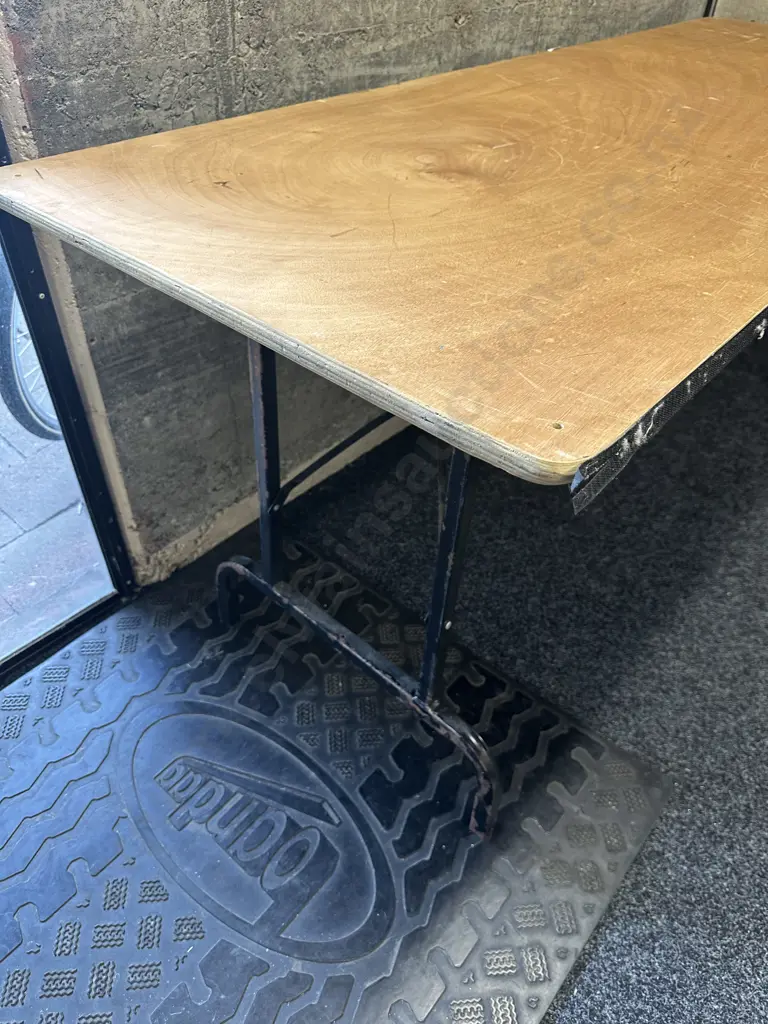 Vintage Plywood Top Trestle Table With Black Metal Folding Base. 180 x 67cm Image 1++