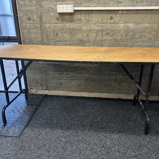 Vintage Plywood Top Trestle Table With Black Metal Folding Base. 180 x 67cm