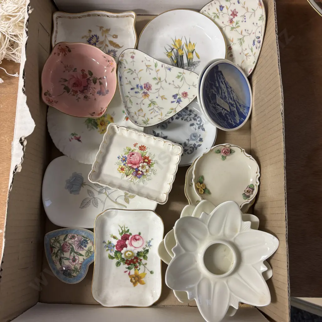Box of Assorted Pin Dishes and candlesticks incl Wedgwood, German, Crown Derby etc Image 1++
