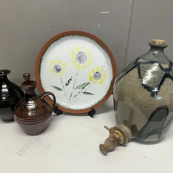 Vintage Pottery Glazed Decanters & Signed RN Pottery Plate Vintage Condition