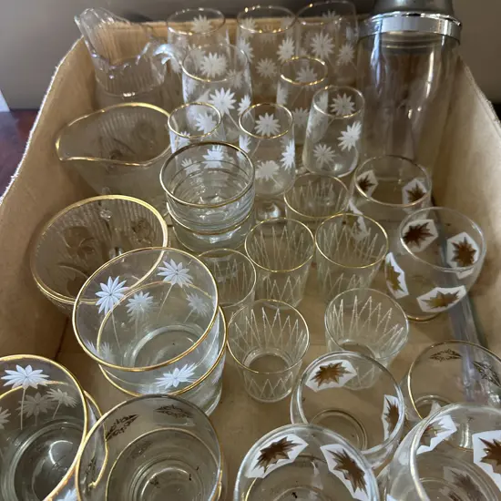 Assorted Vintage Glasses & Cocktail Shaker 