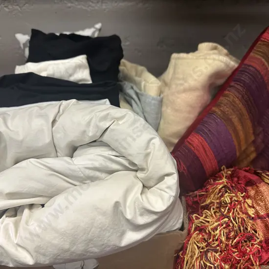 Two Boxes Of Assorted Linen Items Including Cushion, Throws Etc