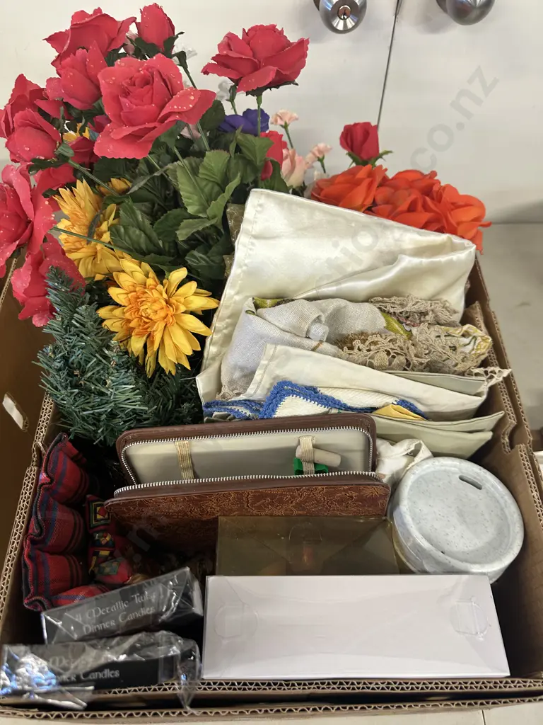 Box Of Assorted Items Including Faux Flowers, Candles, Vintage Linen Etc Image 1++