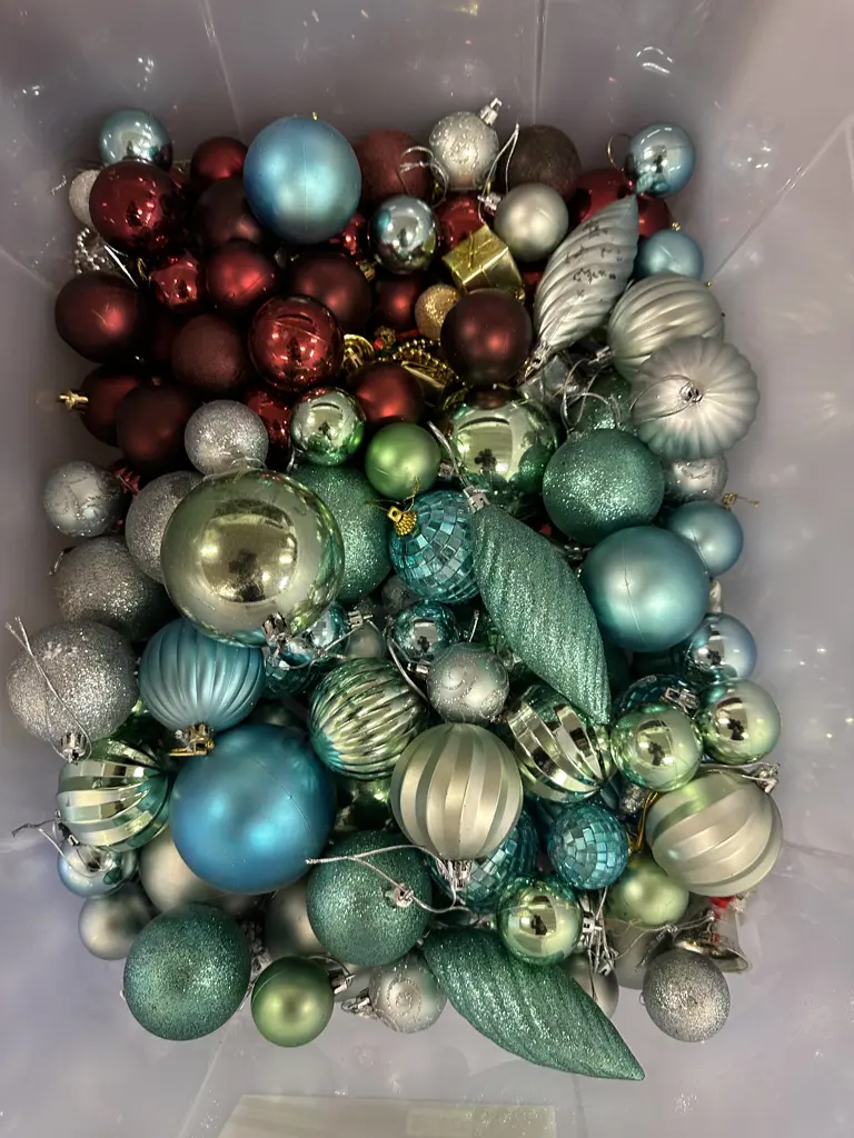 Clear Bin Of Christmas Decorations Image 1++