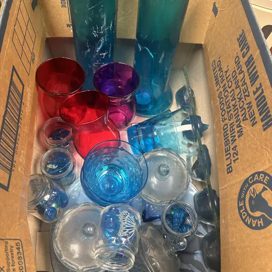 Selection Of Vases, Blue Glass Ware, Candles Etc
