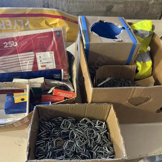Box Of Assorted x2 Including Stationary, High Viz Builders Strapping Etc