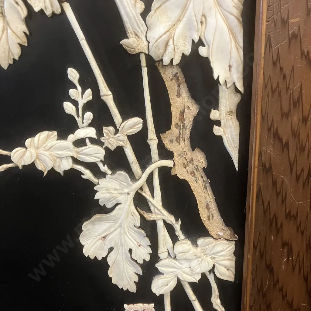 Japanese Ivory & Ebonised Meiki Period Shibayama Panel, High Relief, Carved Timber Frame. Signed. 107 x 64cm Image 1++