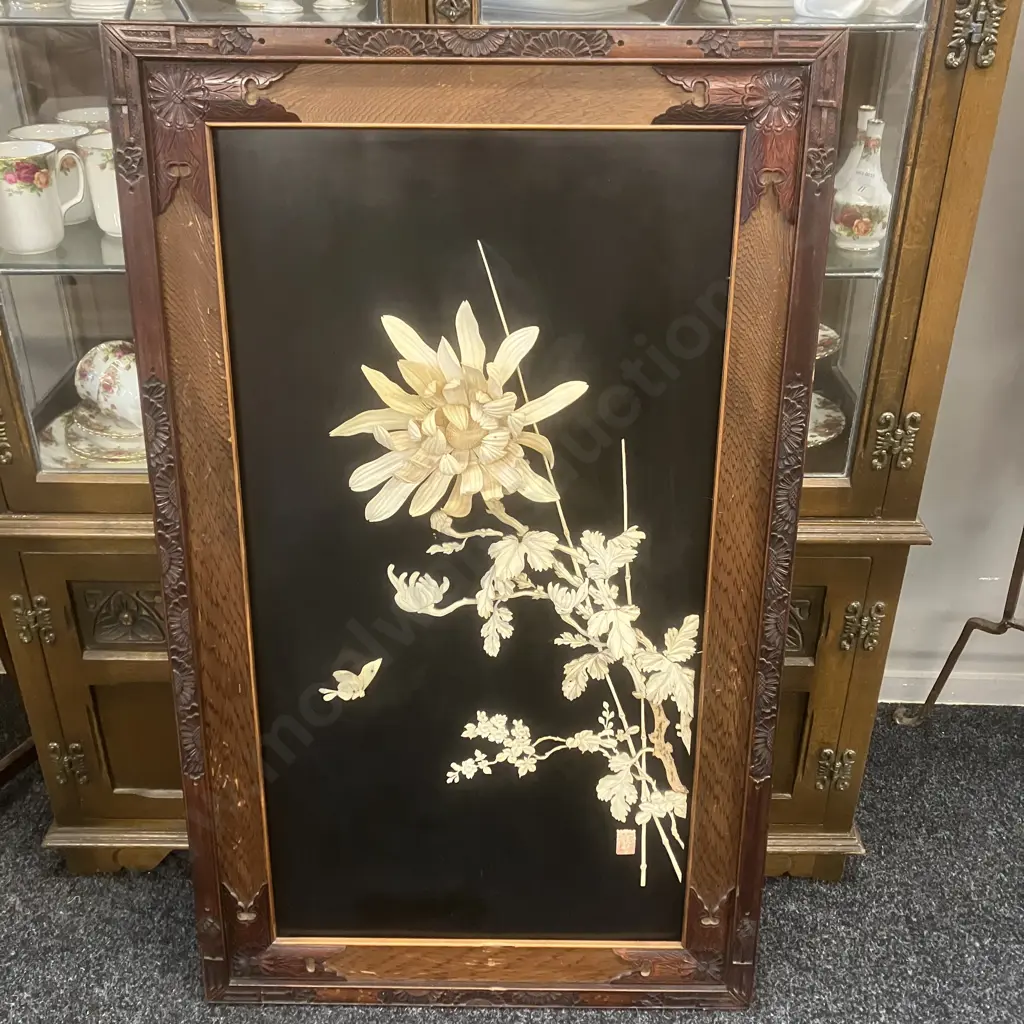 Japanese Ivory & Ebonised Meiki Period Shibayama Panel, High Relief, Carved Timber Frame. Signed. 107 x 64cm Image 1++