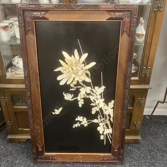 Japanese Ivory & Ebonised Meiki Period Shibayama Panel, High Relief, Carved Timber Frame. Signed. 107 x 64cm