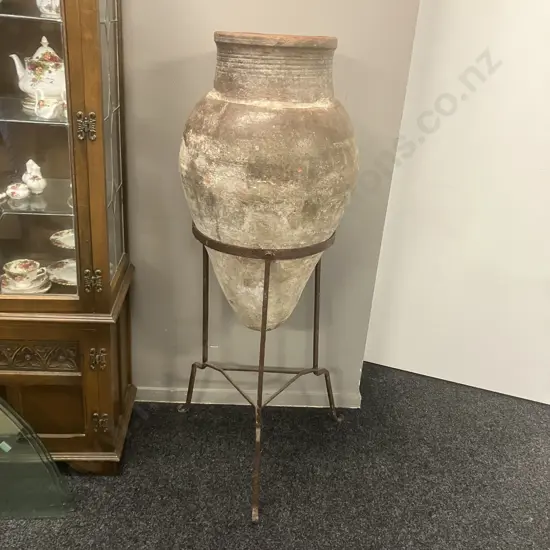 Antique Egyptian Water Storage Pot With Metal Stand. H130cm