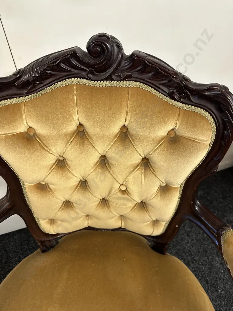 Victorian Mahogany Open Armchair. Button Backed Gold Draylon Upholstered Image 1++