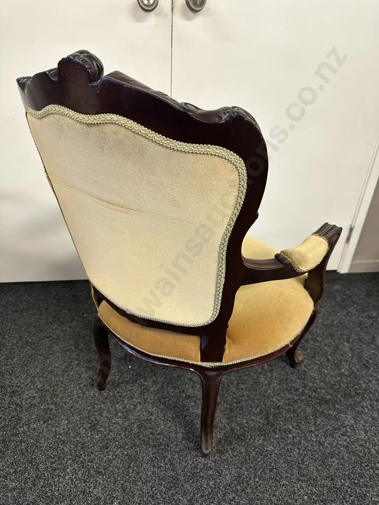 Victorian Mahogany Open Armchair. Button Backed Gold Draylon Upholstered Image 1++