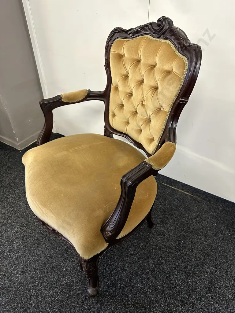 Victorian Mahogany Open Armchair. Button Backed Gold Draylon Upholstered Image 1++