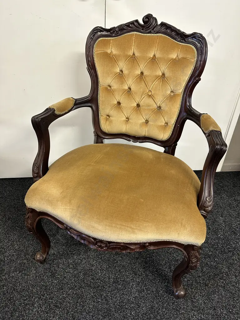 Victorian Mahogany Open Armchair. Button Backed Gold Draylon Upholstered Image 1++
