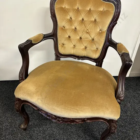 Victorian Mahogany Open Armchair. Button Backed Gold Draylon Upholstered