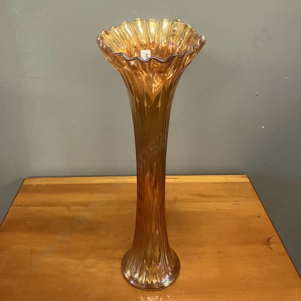 1920's Antique Fenton Marigold Carnival Swung Glass Vase, Ribbed with Ruffled Top, Iridescent. H37cm Image 1++