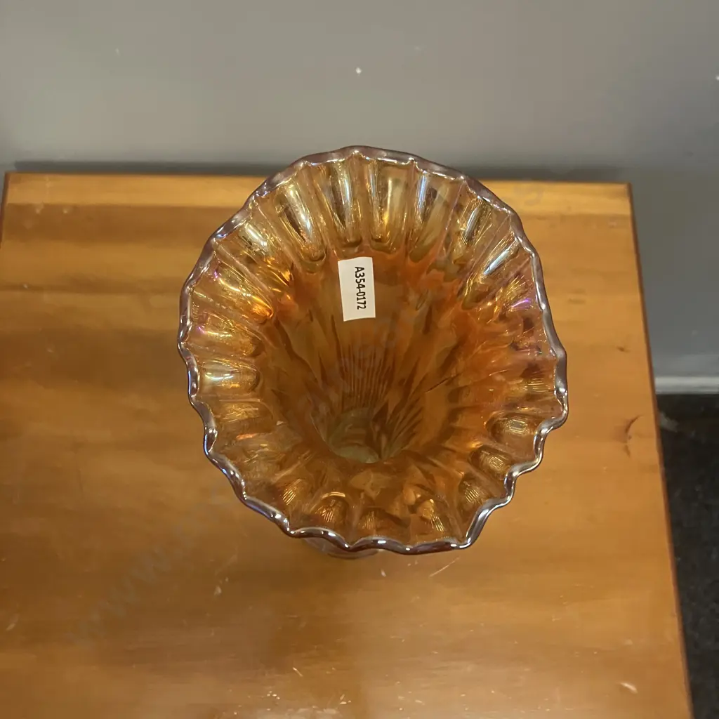 1920's Antique Fenton Marigold Carnival Swung Glass Vase, Ribbed with Ruffled Top, Iridescent. H37cm Image 1++