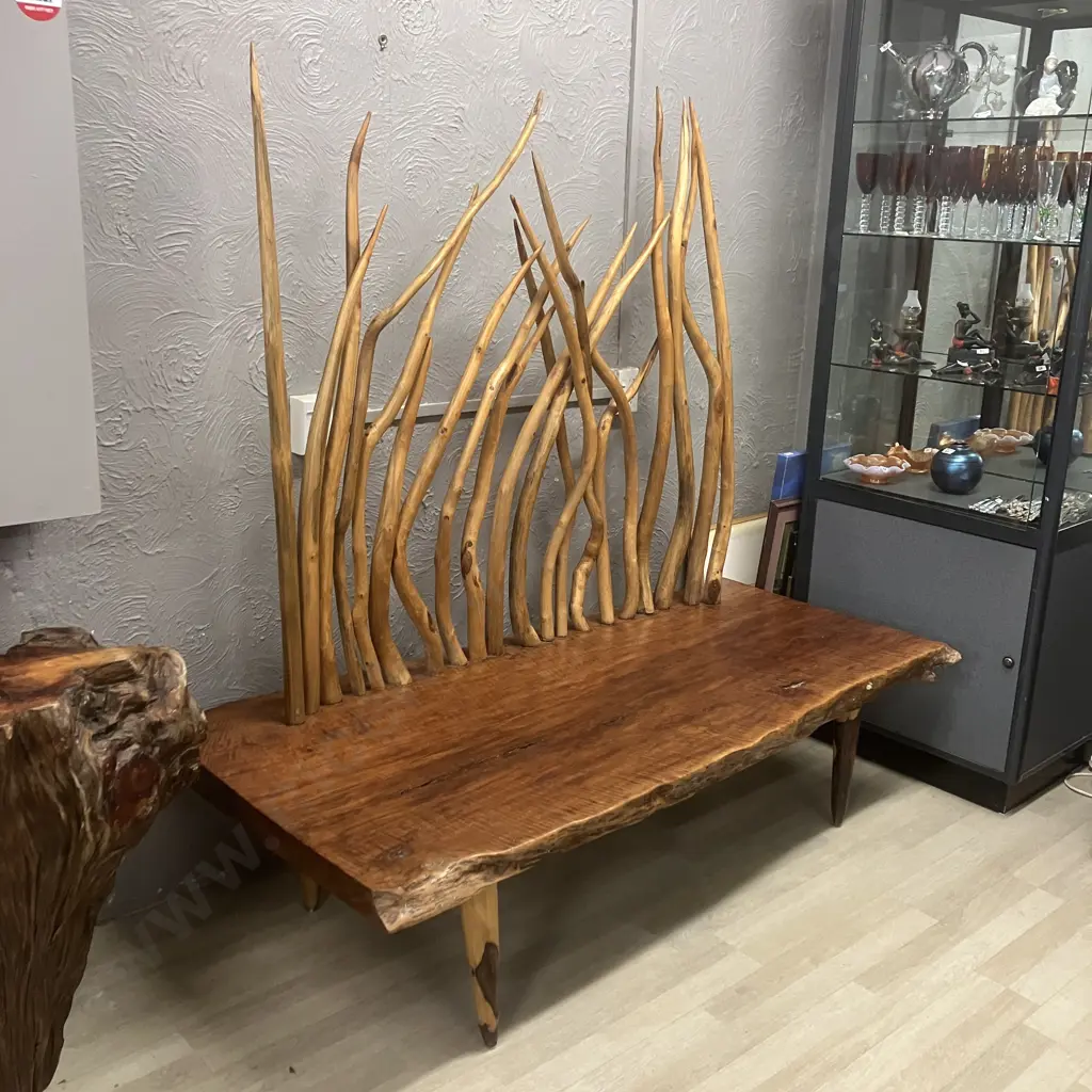 Vintage Indonesian Live Edge Bench Seat With Natural Wooven Branch Back. H176 W170 D75cm Image 1++