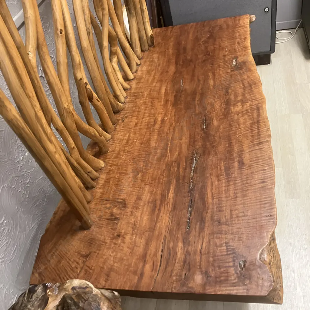 Vintage Indonesian Live Edge Bench Seat With Natural Wooven Branch Back. H176 W170 D75cm Image 1++