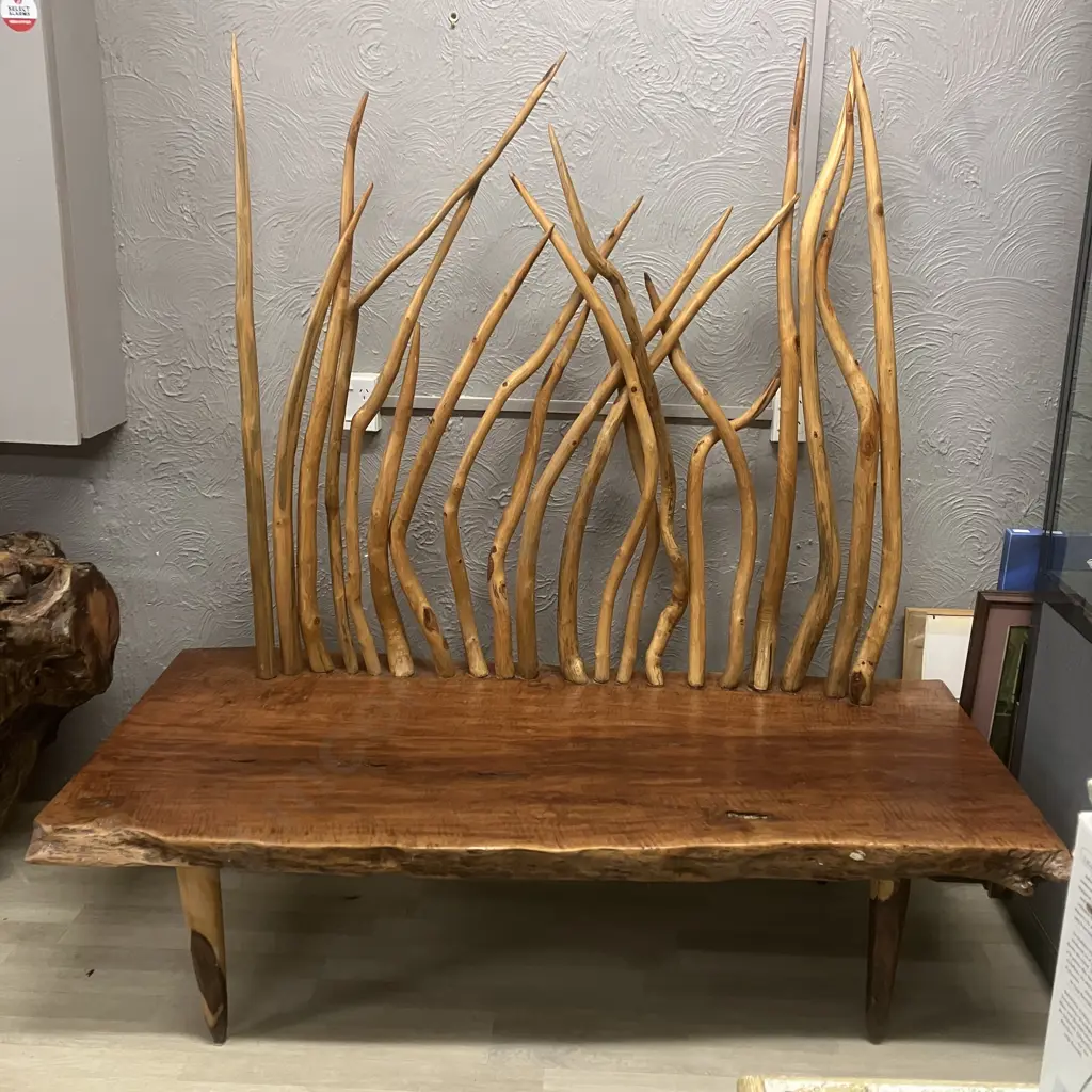 Vintage Indonesian Live Edge Bench Seat With Natural Wooven Branch Back. H176 W170 D75cm Image 1++