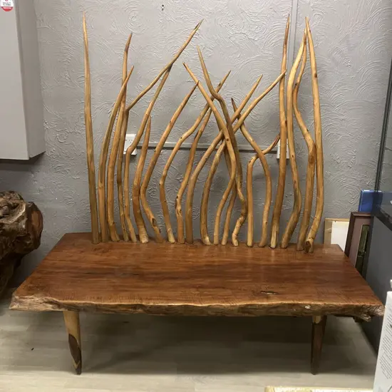 Vintage Indonesian Live Edge Bench Seat With Natural Wooven Branch Back. H176 W170 D75cm