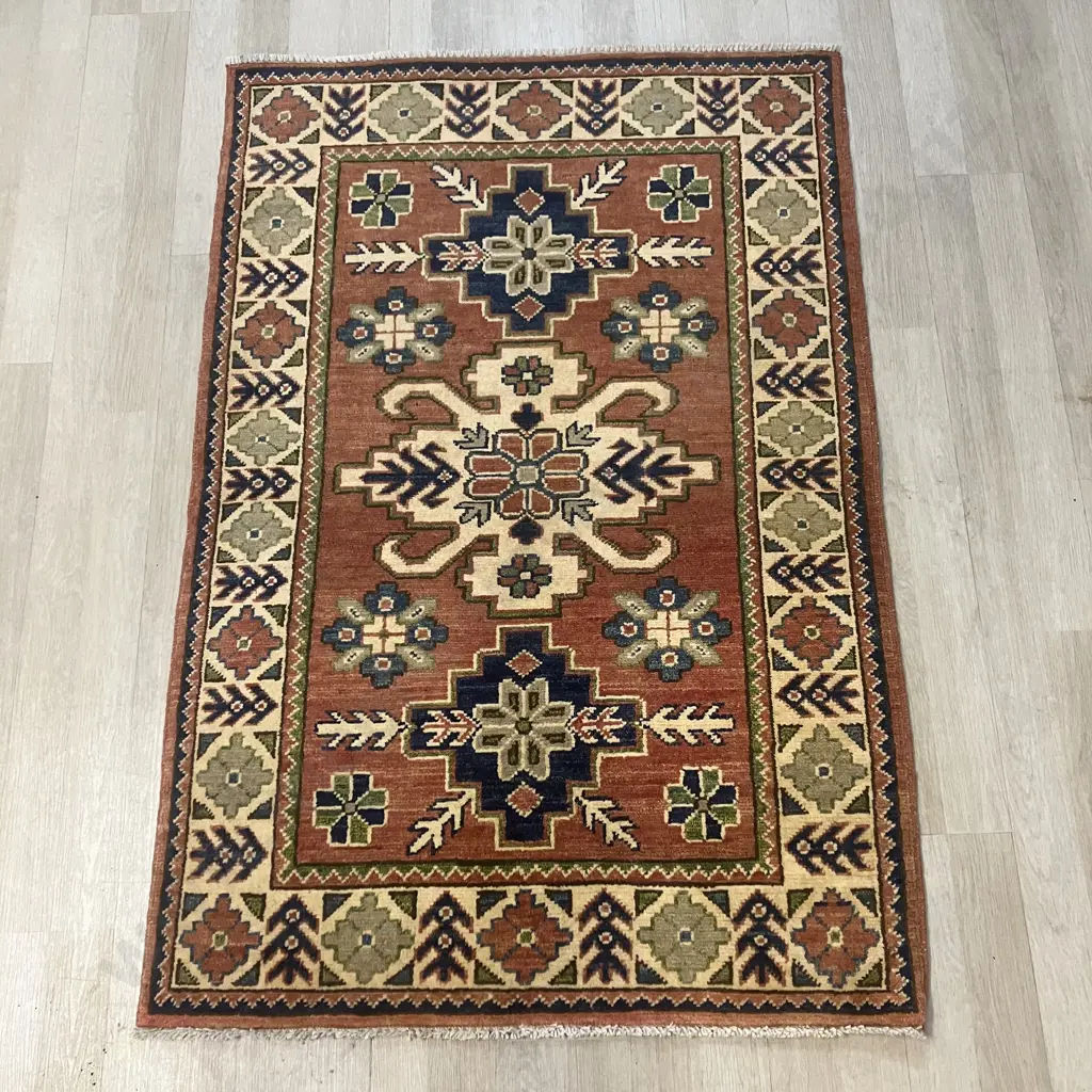 Ghazni Kazak Hand Knotted Tribal Rug With COA 125 x 85cm - Pamir Rugs, Aged Image 1++