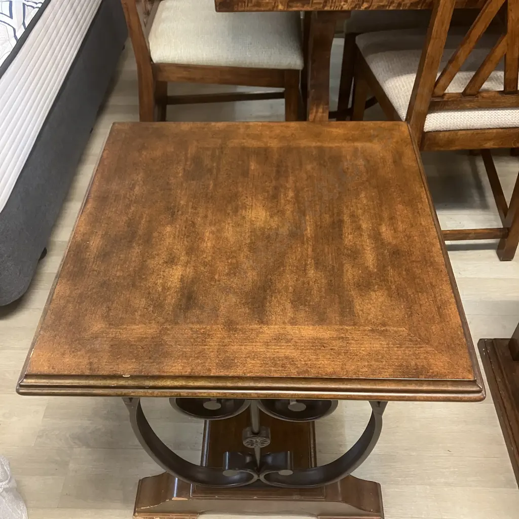 Wooden End Table On Ornate Steel Base. 64 x 65cm Image 1++