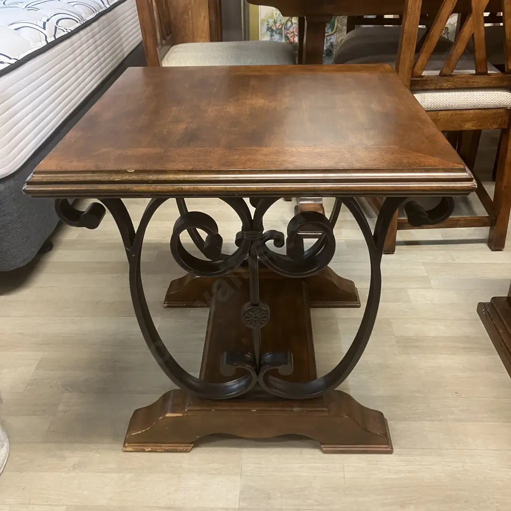 Wooden End Table On Ornate Steel Base. 64 x 65cm Image 1++