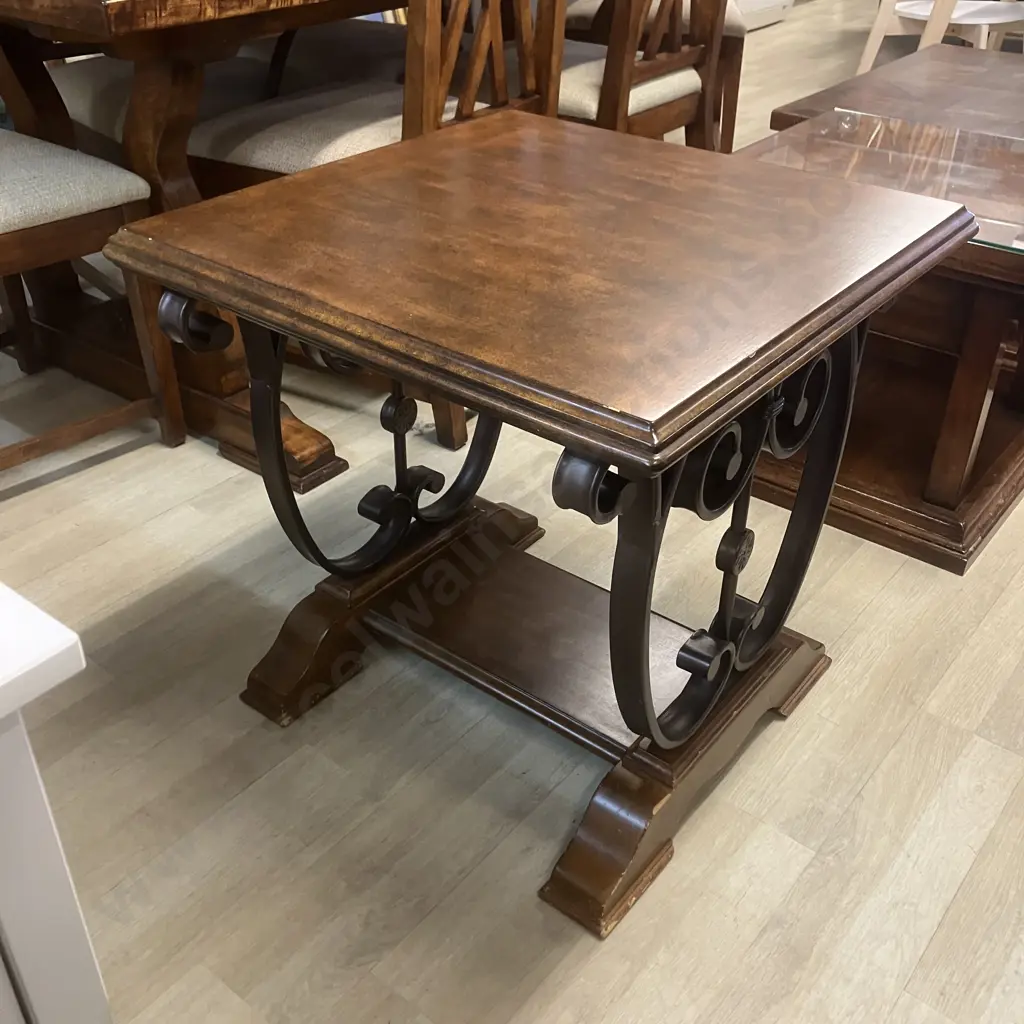 Wooden End Table On Ornate Steel Base. 64 x 65cm Image 1++