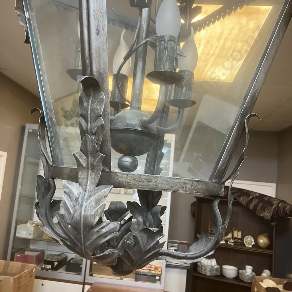 Large Bastide Chandelier Lantern, Brushed Silver Finish, 4 Lights, With Chain & Ceiling Rose. H90 W52 D52cm Image 1++
