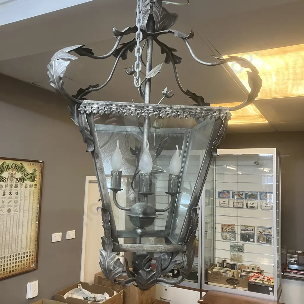 Large Bastide Chandelier Lantern, Brushed Silver Finish, 4 Lights, With Chain & Ceiling Rose. H90 W52 D52cm Image 1++