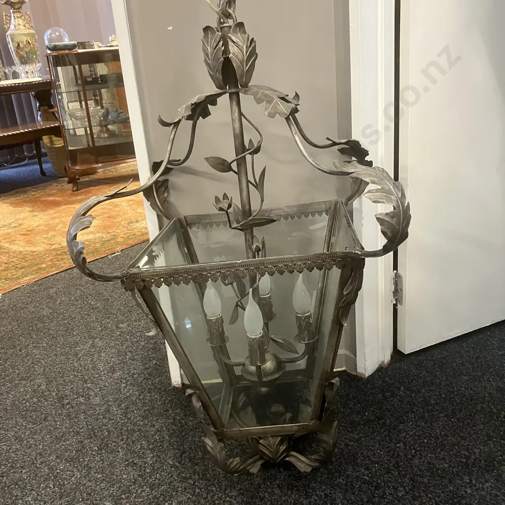 Large Bastide Chandelier Lantern, Brushed Silver Finish, 4 Lights, With Chain & Ceiling Rose. H90 W52 D52cm Image 1++