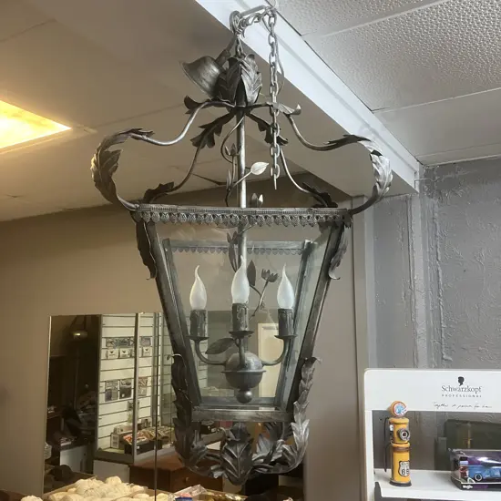 Large Bastide Chandelier Lantern, Brushed Silver Finish, 4 Lights, With Chain & Ceiling Rose. H90 W52 D52cm