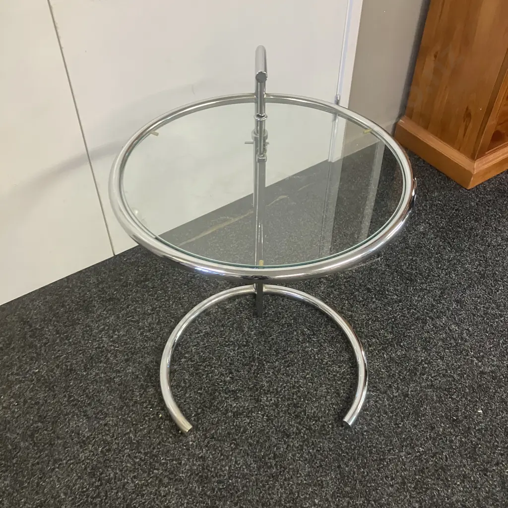 Modernist Occasional Table, Adjustable Height, Chrome & Glass. H71cm Image 1++