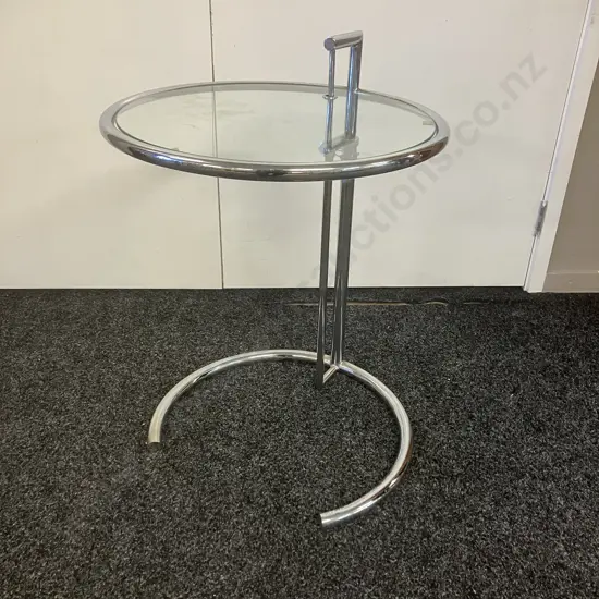 Modernist Occasional Table, Adjustable Height, Chrome & Glass. H71cm