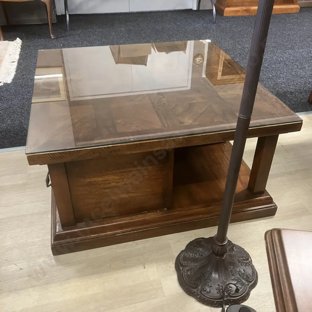 Indonesian Teak Square Coffee Table, 4 Drawers, Wrought Handles. 46 x 90cm Image 1++