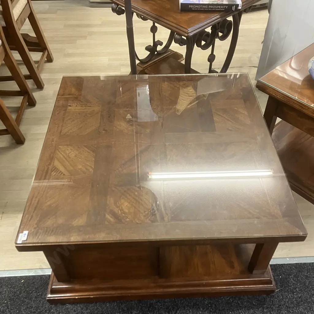 Indonesian Teak Square Coffee Table, 4 Drawers, Wrought Handles. 46 x 90cm Image 1++