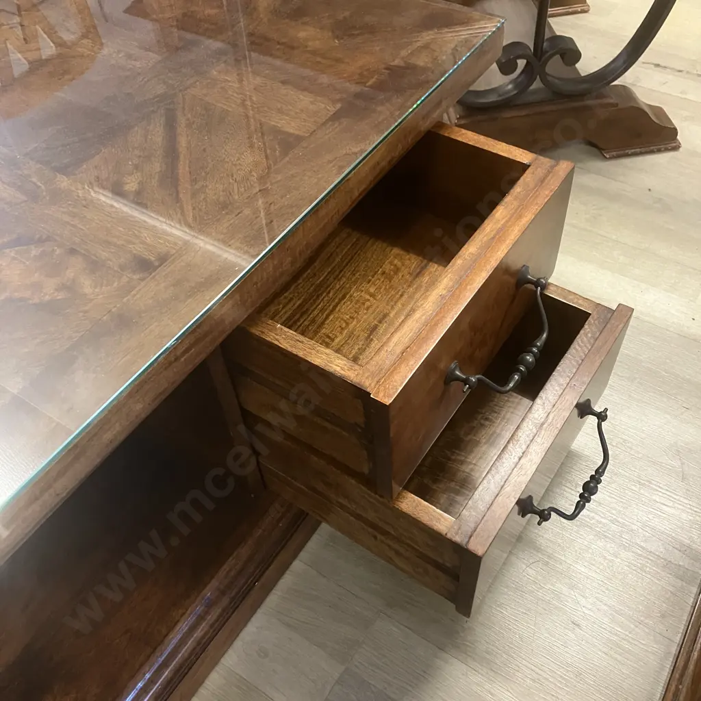 Indonesian Teak Square Coffee Table, 4 Drawers, Wrought Handles. 46 x 90cm Image 1++