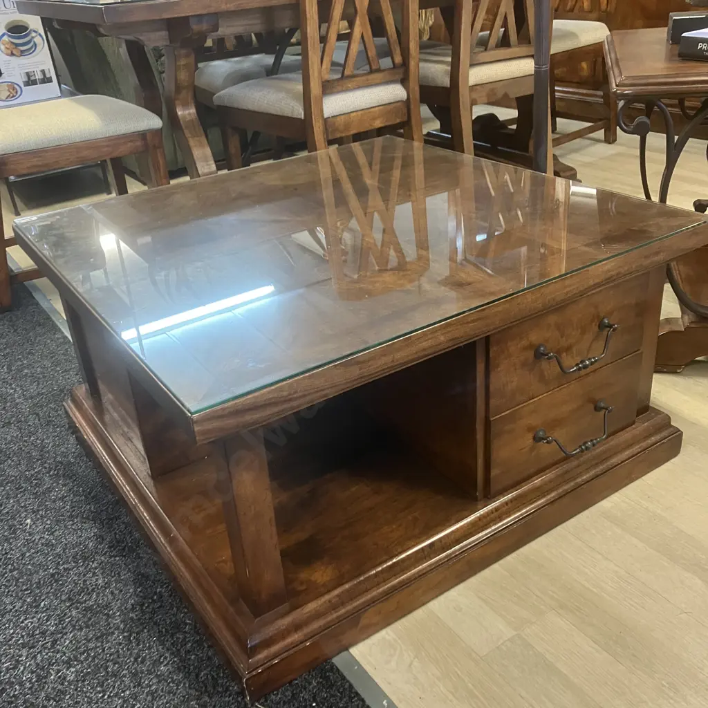 Indonesian Teak Square Coffee Table, 4 Drawers, Wrought Handles. 46 x 90cm Image 1++