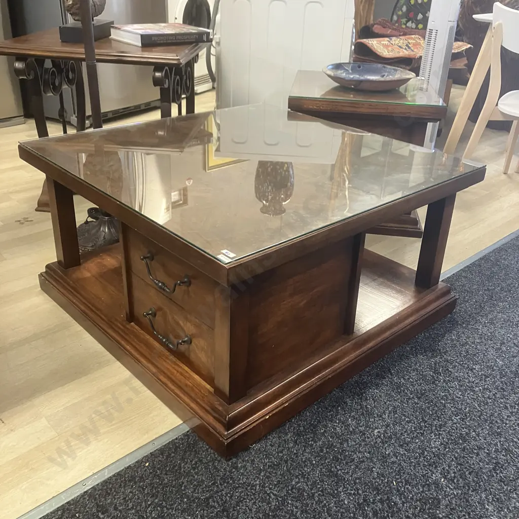Indonesian Teak Square Coffee Table, 4 Drawers, Wrought Handles. 46 x 90cm Image 1++