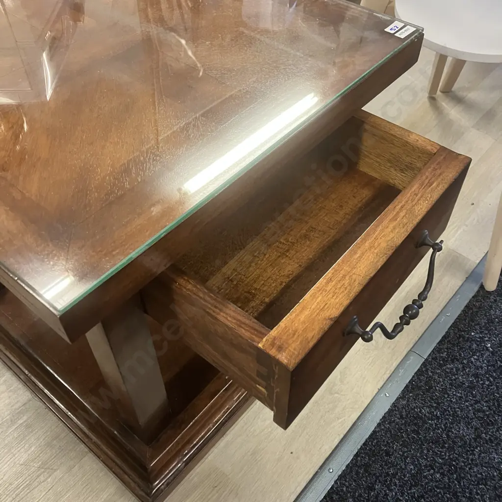 Indonesian Teak Square Coffee Table, Single Drawer, Wrought Handle. 51 x 55cm Image 1++