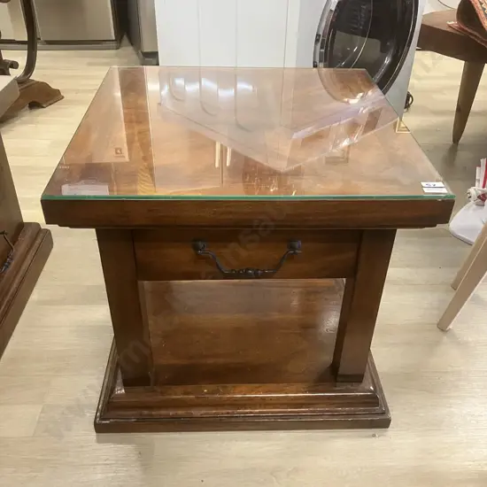 Indonesian Teak Square Coffee Table, Single Drawer, Wrought Handle. 51 x 55cm