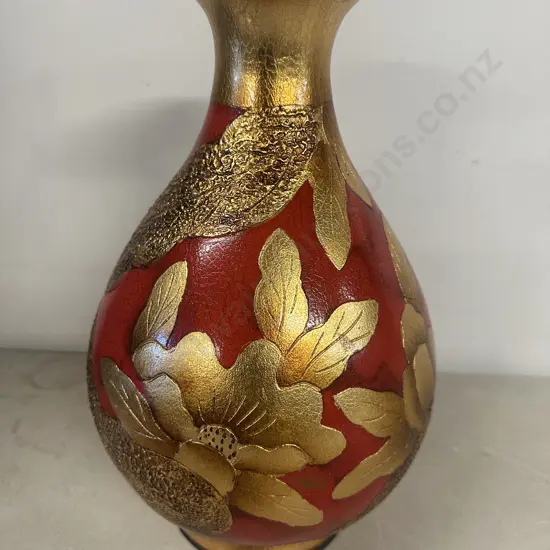 Decorative Vase Red With Gold Embossed Leaf Detail H33cm.