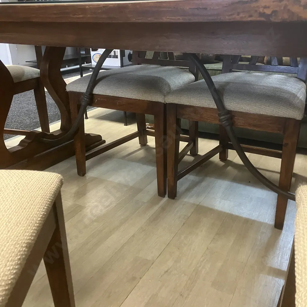 Indonesian Teak Dining Table (191x100.5cm) With 6 Crossback Wooden Chairs, Oatmeal Colour Fabric Seats Image 1++